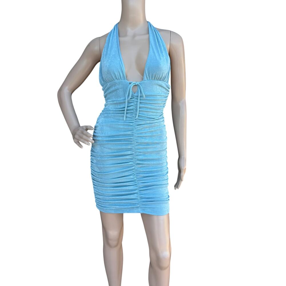 Rumor Shimmery Blue Ruched Halter Bodycon Dress 10
